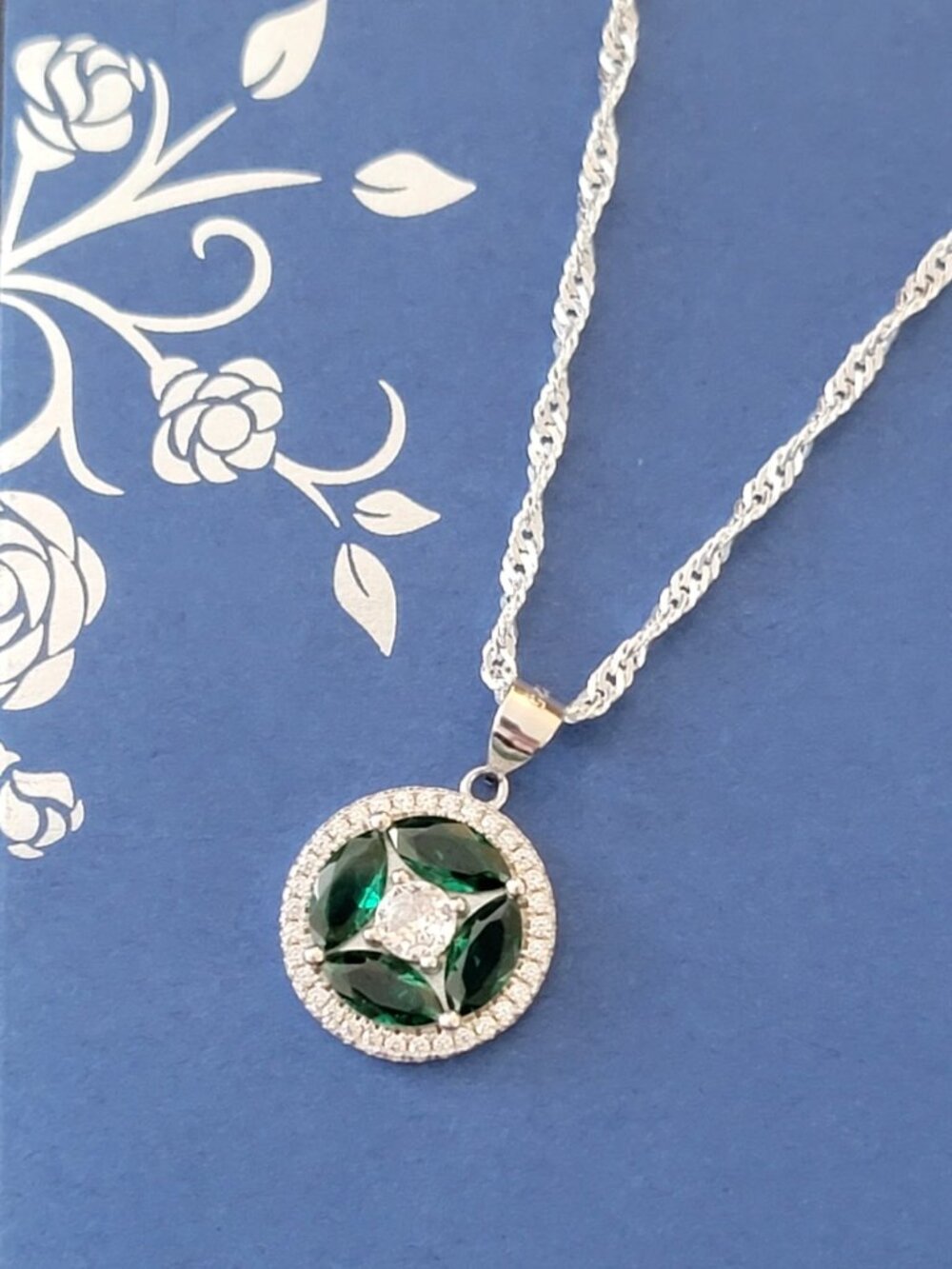 Emerald CZ Halo Pendant Necklace 925 Silver 22in Singapore Chain